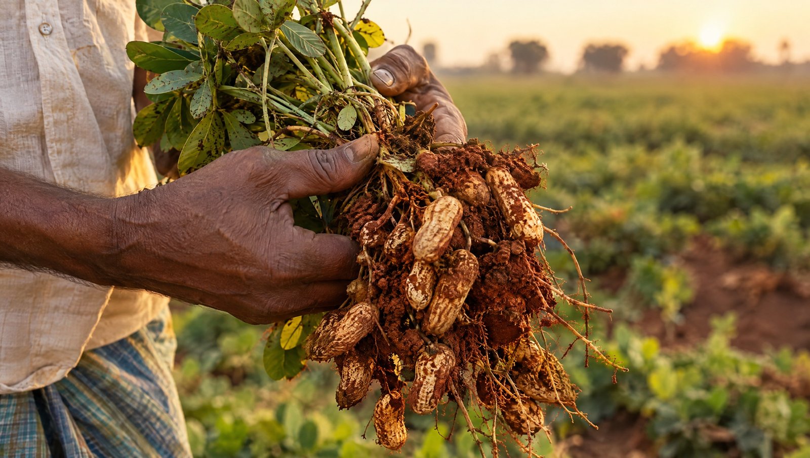 Farmer holding freshly harvested peanuts