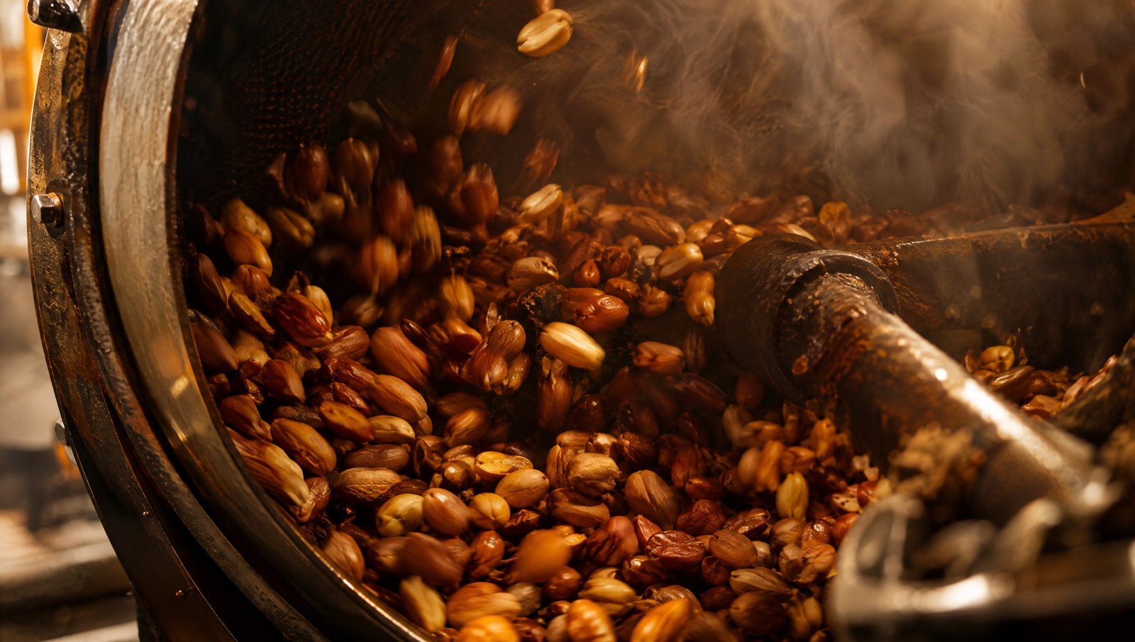 Peanuts tumbling in a cast-iron drum roaster